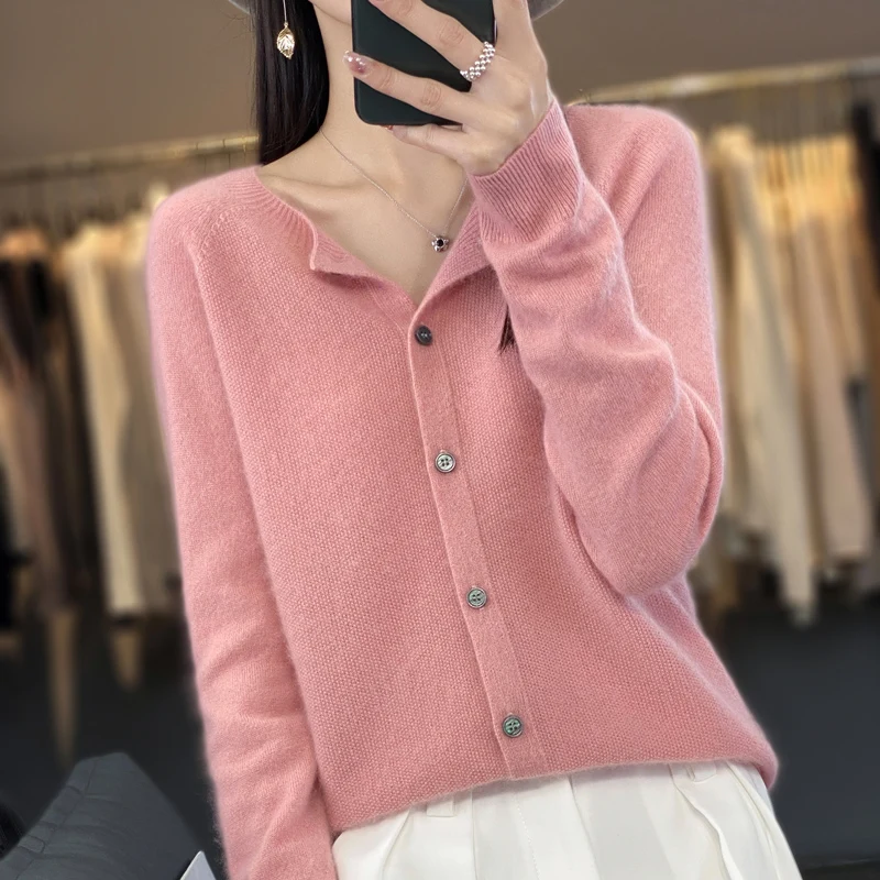 여성용 메리노 울 가디건, 캐주얼 뜨게 패션, O넥 캐시미어 스웨터, 가을 및 겨울, 100% 신상
