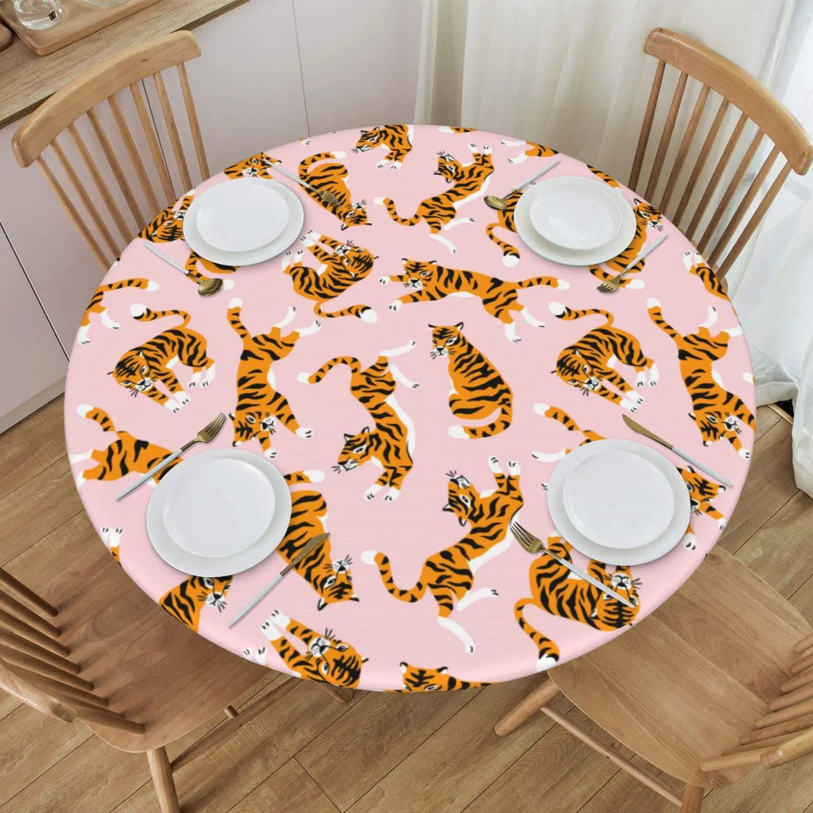 

Cute Tiger Round Fitted Tablecloth with Elastic Protector Table Cloth Kitchen Dinner Waterproof Table Cover Indoor Outdoor Decor