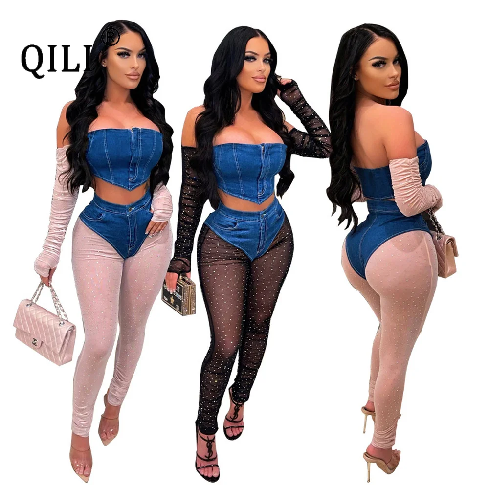 QILI-Women's Denim Stitching Pleated Bronzing Set, Top and Pants, Two Piece Off Shoulder Jumpsuits, New Arrival women jeans fashion high waist vintage flag print trousers casual denim patchwork washed raw trim flare leg jeans new arrival