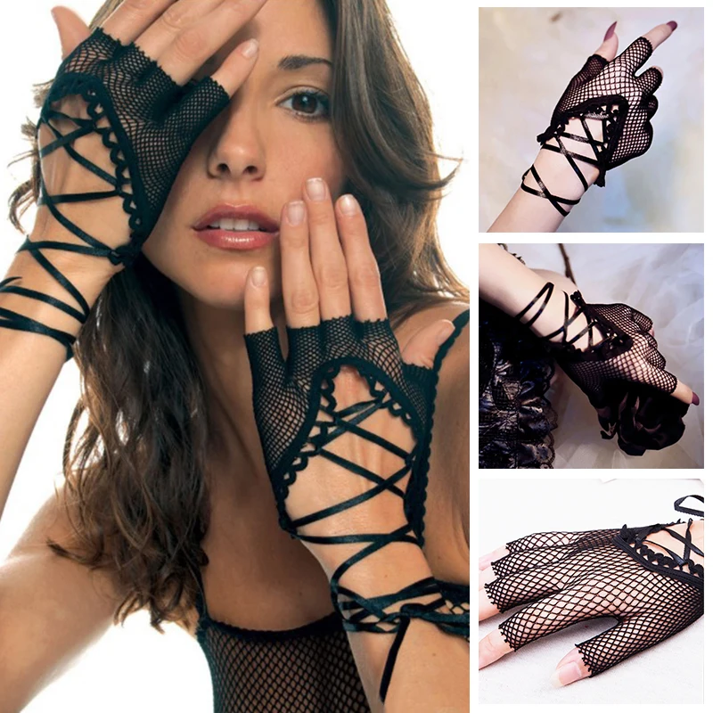 

1 Pairs Black Lace-up Gloves Sexy Hollow Out Gloves Punk Fishnet Mittens Party Costume Bandage Gloves Half Finger Mittens