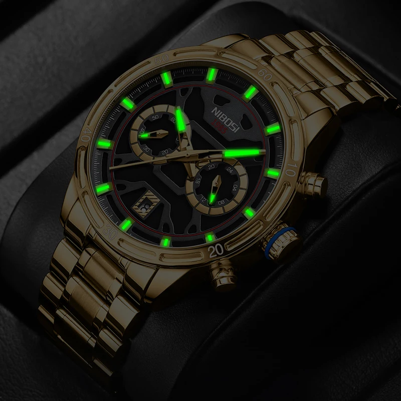 NIBOSI Fashion Gold Quartz Watch for Men Stainless Steel Waterproof Luminous Date Chronograph Mens Watches Relogio Masculino