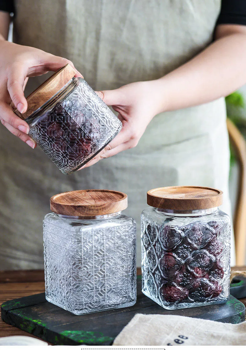 Vintage Square Embossed Glass Jar Acacia Wood Lid Sealed Jar