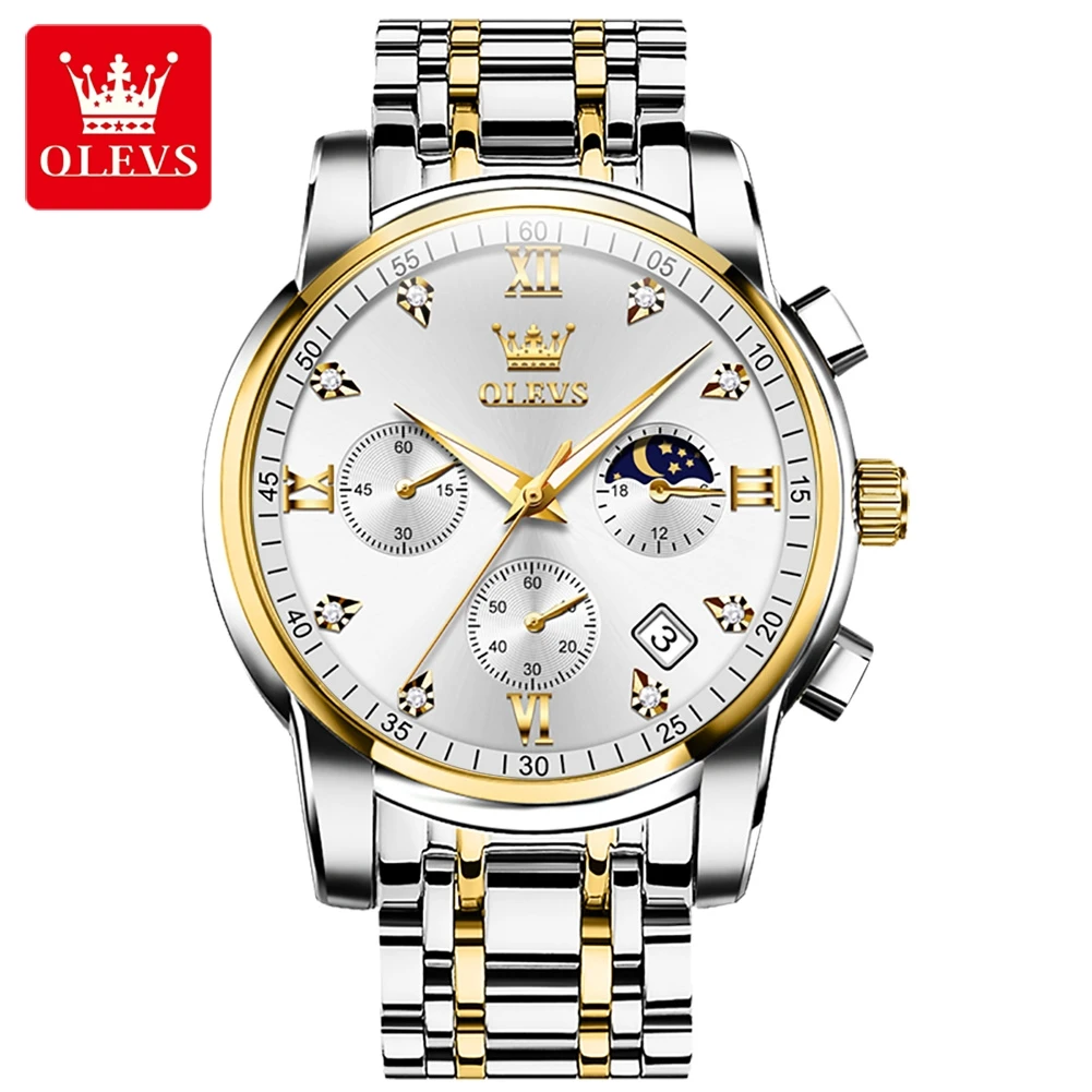 OLEVS Luxury Men's Quartz Chronograph Watch - Stainless Steel, Waterproof, Luminous, with Auto Date & Moon Phase