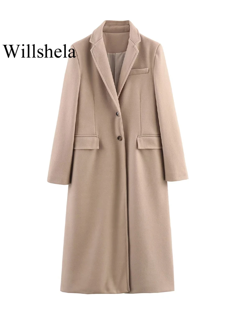 

Willshela Women Fashion With Pockets Khaki Single Breasted Trench Coats Vintage Lapel Neck Long Sleeves Female Chic Lady Outfits