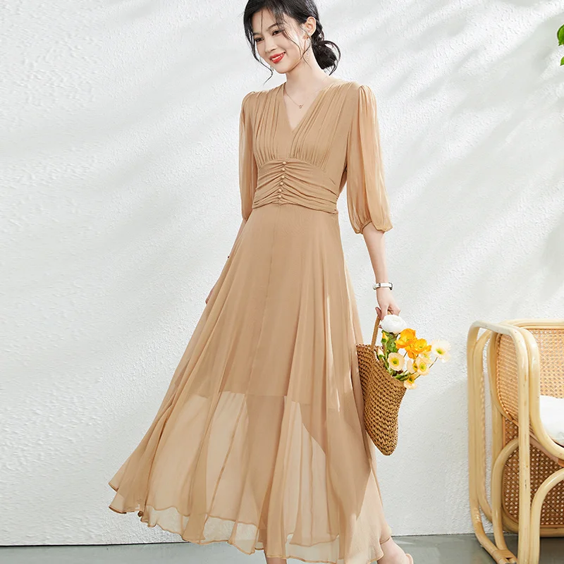 

2023 French Solid Silk Dress for Women Slim Fit Classic Romantic Silk Long Dress for women summer 23E021