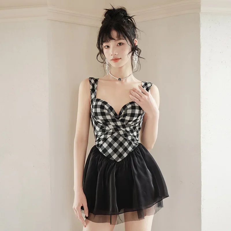 

2024 Sexy Plaid Swimsuit One Pieces Sling Women Bikini Set Push Up Swimsuit Beach Summer Open Back Swimwear Swimming Skirt