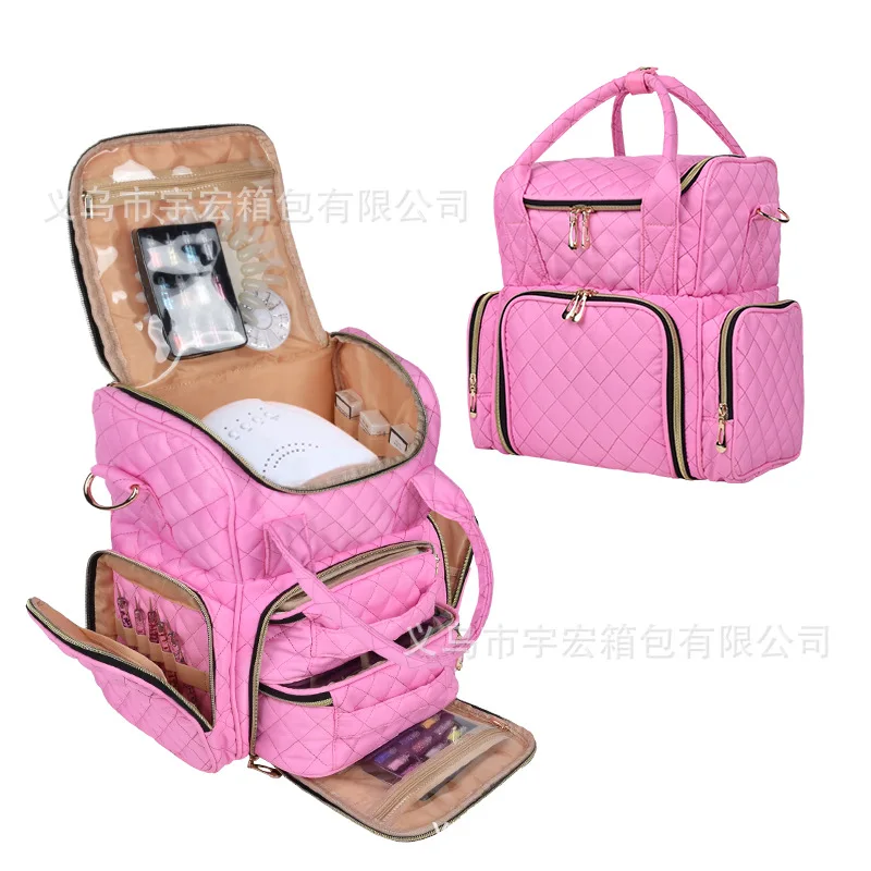 Pink 48-Grid Nail Bag/Waterproof Multifunctional Manicure Implement Storage Bag/Double-Layer Large Capacity Cosmetic Bag