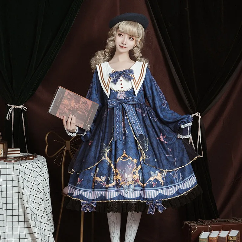 

Victoria Vintage Gothic Lolita Elegant And Gorgeous Long Sleeves Bow Lace Trim OP Lolita Dress Fairy Style