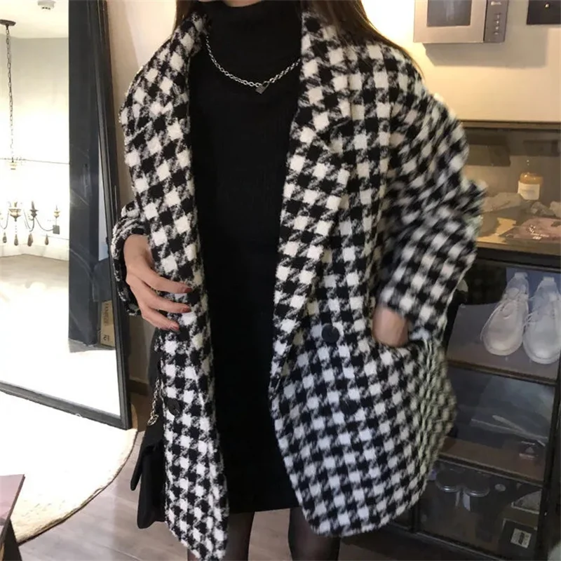 2022 Autumn and Winter New Season Loose Quilted Thickening Warm Houndstooth Mid-length Woolen Coat Woolen Suit Jacket Women W014