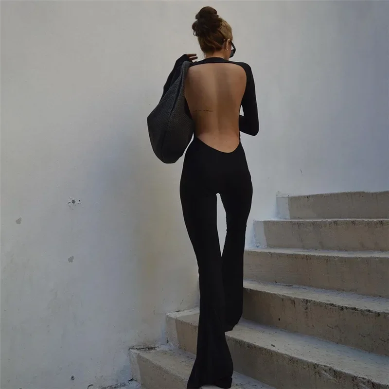 Simple Casual Streetwear Overalls Summer Y2K Solid Black Basic Bodysuit for Women Sexy Long Sleeves Halter Backless Flare Pants