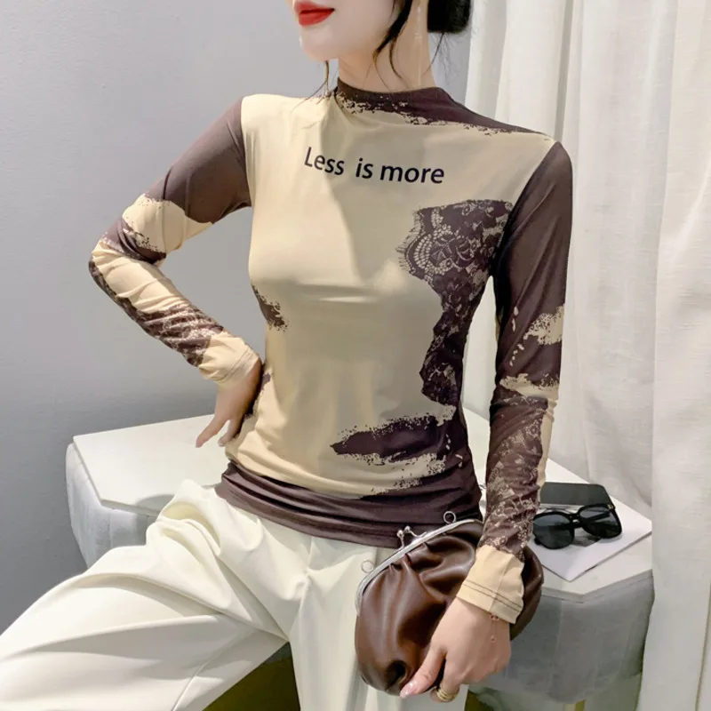 

#8750 Tie Dye Print Mesh Short T Shirt Women Round Neck Sexy Tight Vintage Streetwear T Shirt Femme Elastic Women's T Shirt Thin