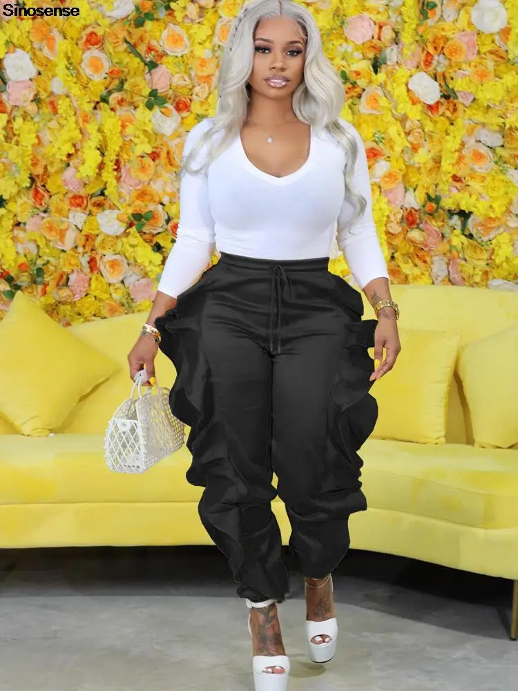 

Women's High Waist Rufffle Jogger Sweatpants Bodycon Slim Long Pencil Bottoms Solid Color Casual Long Flounced Pants