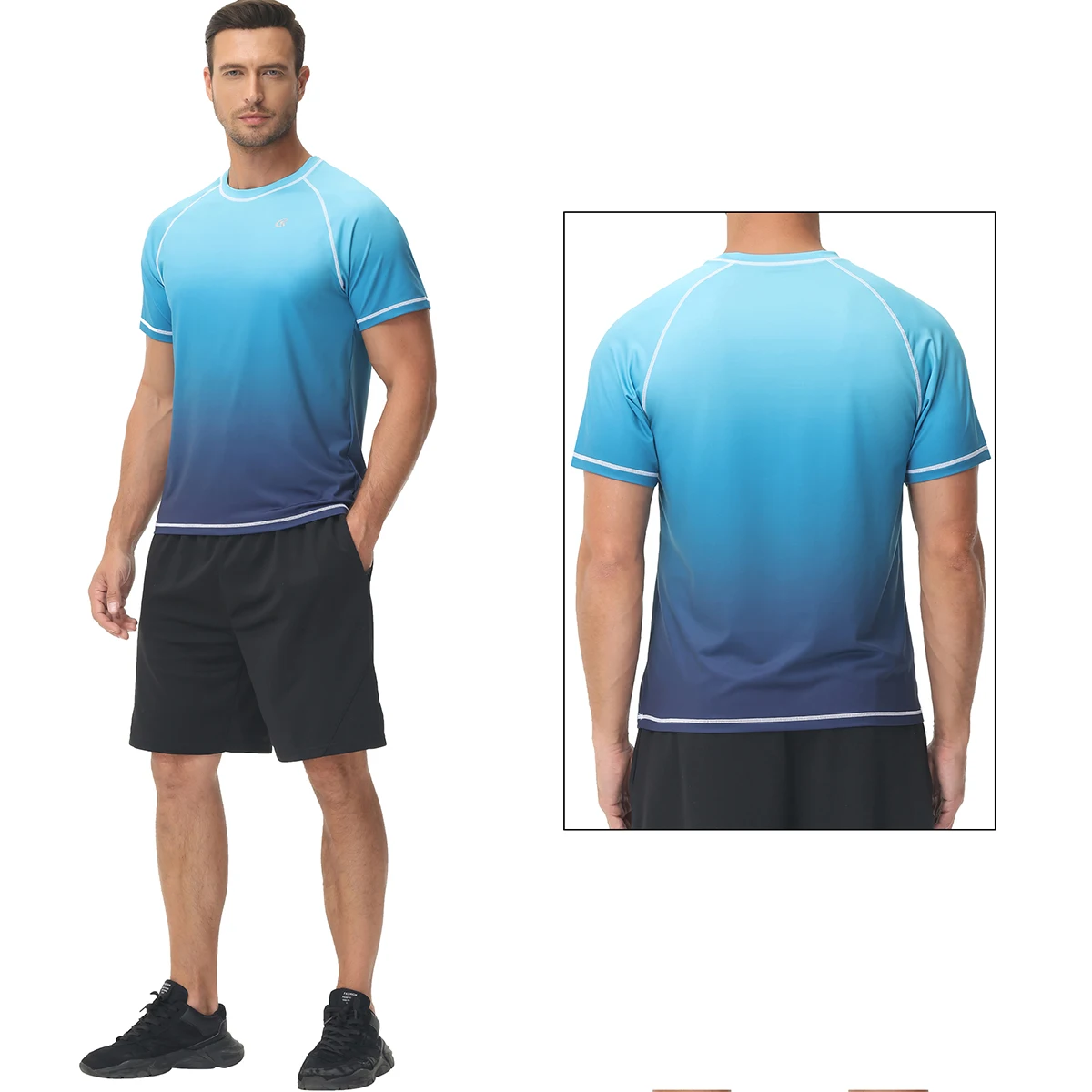 UPF 50+ Men Gradient Short Swim Tee Breathable Surf Shirt Rash Guard Hiking Outdoor Shirts