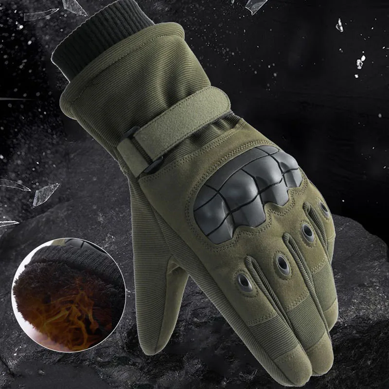 JSJM Tactical Gloves Men Winter Velvet Thickened Warm Gloves Long Finger Touch Screen Anti-Slip Full Finger Gloves Ski Gloves