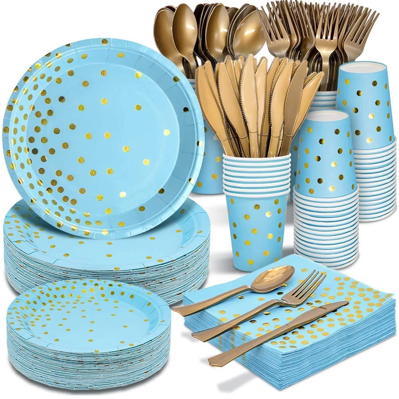 10pcs bronzing blue dot birthday tableware disposable tablecloth dinner plate tissue paper cup disposable tableware set