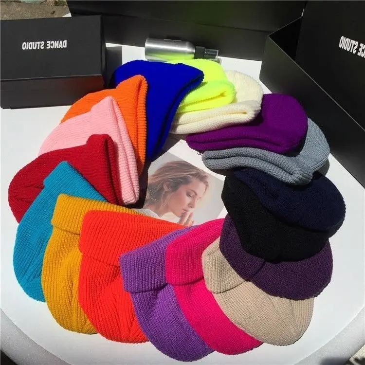 Men Women Winter Autumn Solid Color Warm Woolen Knitted Cap Fluorescent Cuffed Beanie Hat Female Caps Warmer Bonnet Casual Cap 1