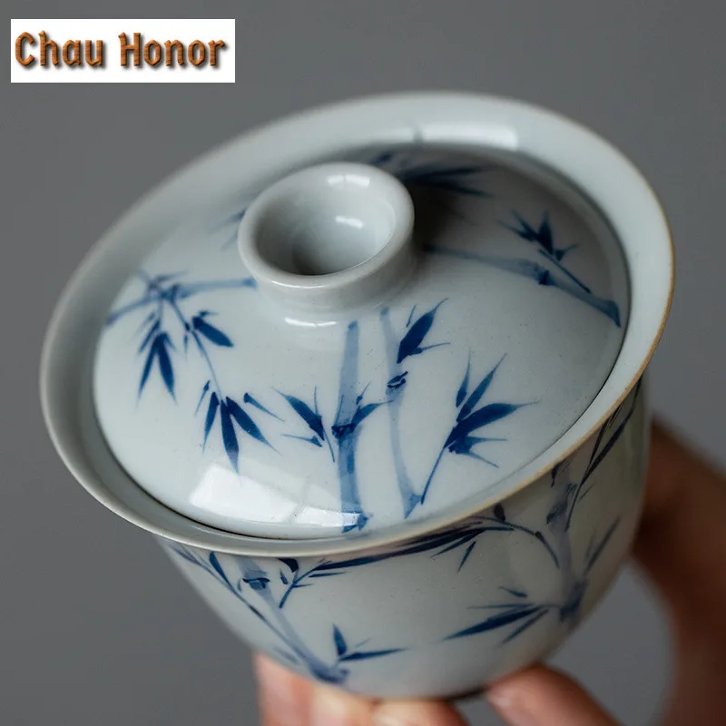 125ml Boutique Pure Hand-painted Green Bamboo Art Tea Tureen Small Hand Grasping Bowl With Cover Kung Fu Tea Maker Zen Gaiwan