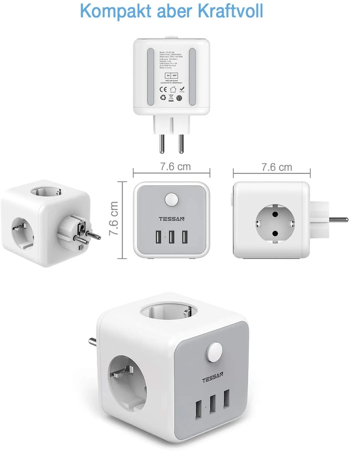Tesan Power Strip Plugue da ue Extensão Soquete Cubo de Energia com Tomadas ca Portas Usb Casa Viagem Adaptador de Parede com Interruptor - Image 3