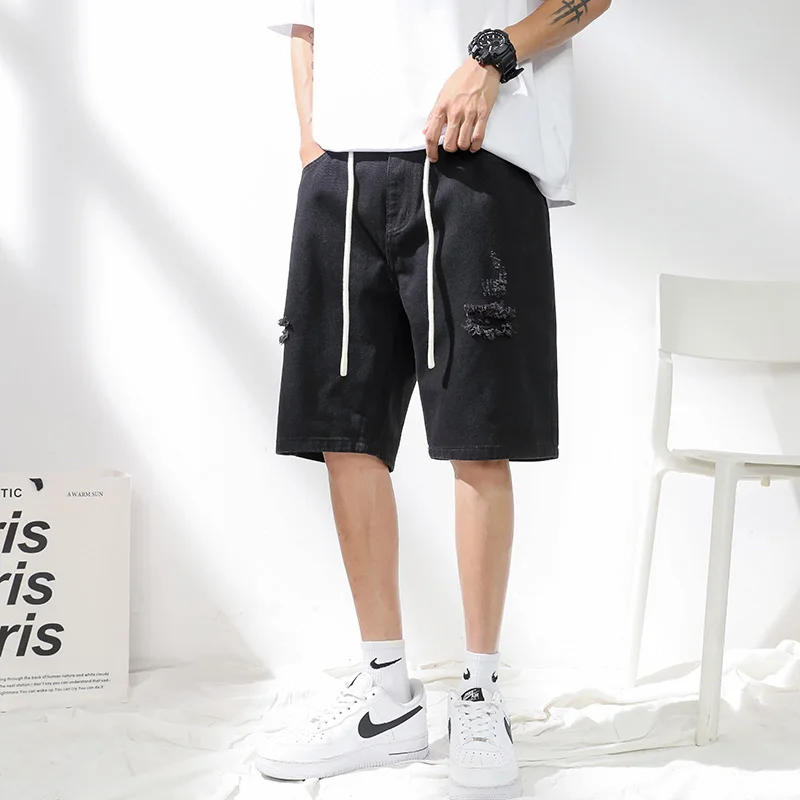Men's Summer Bermuda Shorts For Men Harajuku Denim Shorts Baggy Pants Ripped Hip Hop High Quality Jeans Hong Kong Style Baggy