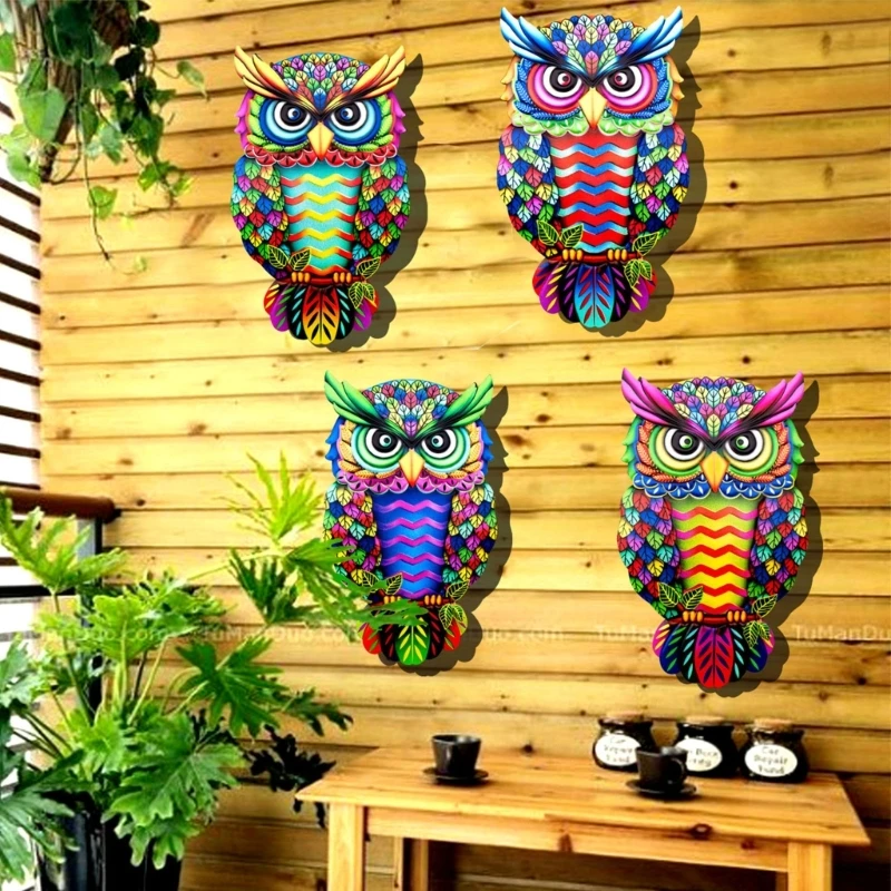 Metal Colorful Owl Sculpture Wall Art Decoration Wrought Iron Crafts Pendant