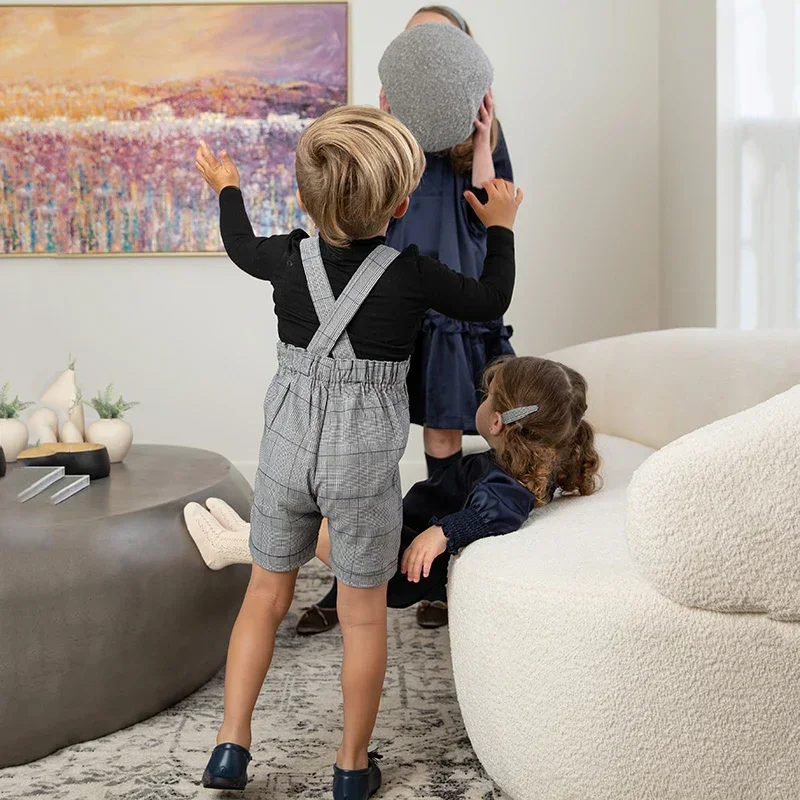 AP Navy Collection Fall Girls Silk Satin Dress Family Matching Clothes Boys Plaid Pants Overalls Baby Romper Polo Sweater, #7701 4