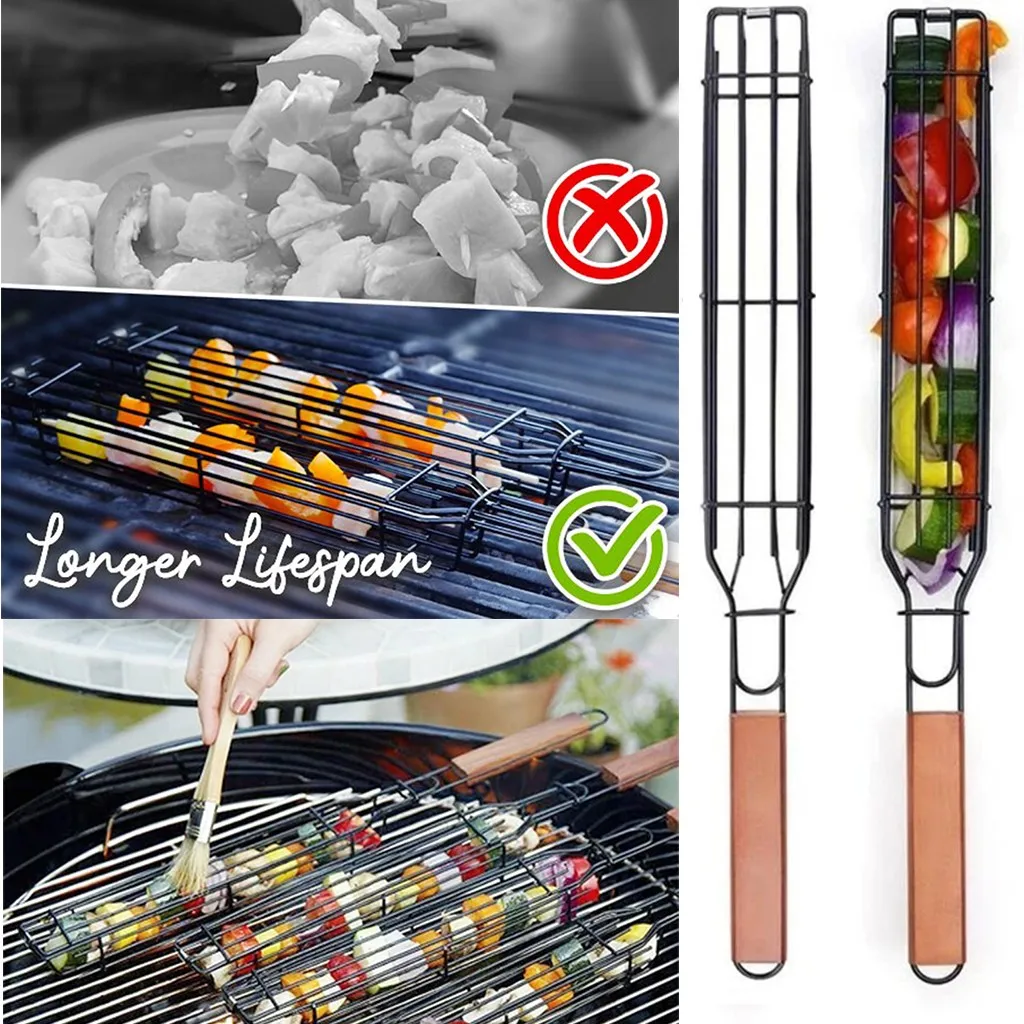 Portable BBQ Grilling Basket Stainless Steel Nonstick Barbecue Grill Basket Tools Grill Mesh for Meat Hamburger Barbecue Tools