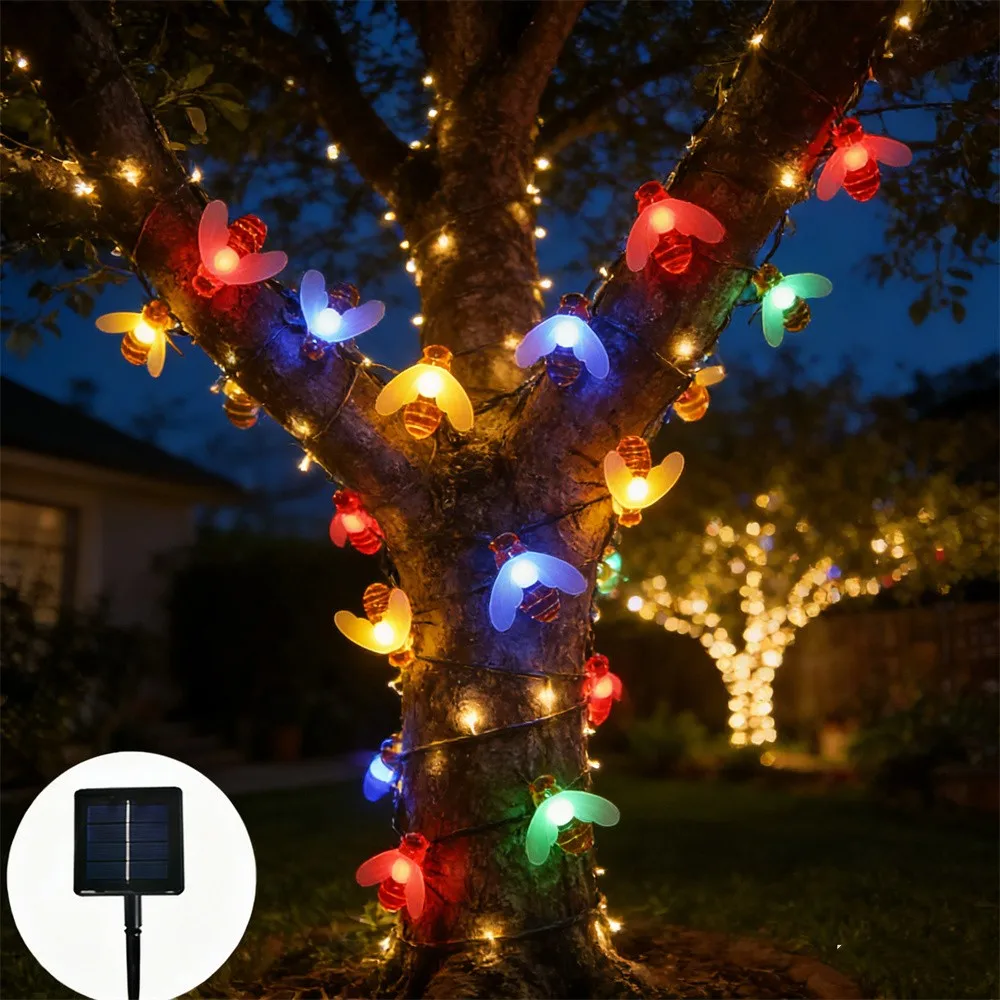 Solar-Powered Honey Bee String Lights - 8 Mode LED Decorative Garden Garland for Holidays and Weddings