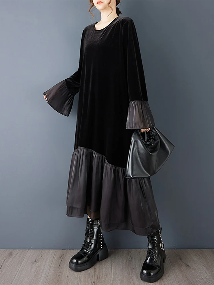 Mesh Patchwork Pleated Dresses For Women New Loose Casual Long Sleeve Vintage Dress Fashion Elegant Clothing Spring Autumn 2025