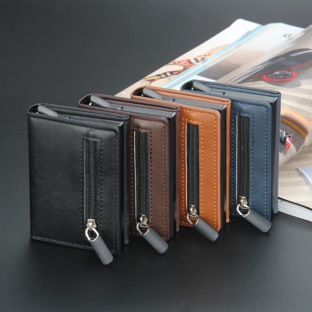 Vintage Crazy Horse Leather Men Wallets Luxury RFID Protection Mini Metal Wallet Zipper Coin Pocket for Men and Women