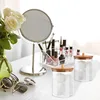 Cotton Swab Organizer Storage Bamboo Cover Acrylic Round Organizer Makeup Storage Box Container Organizadores 6