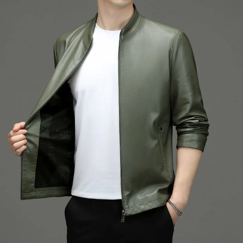 Artificial Leather Coat Men Autumn and Winter New High-End Stand Collar Coat Solid Color Leather Jacket with Velvet Slim Fit