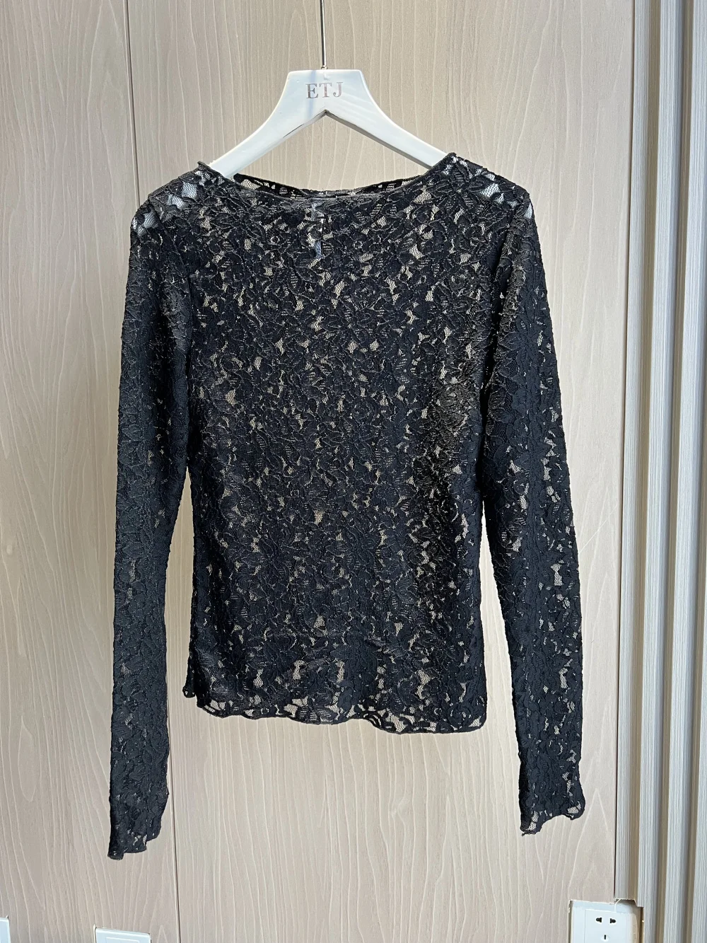 

Lace long sleeve T-shirt ETJ2024 new traf sexy perspective high stretch black crewneck long sleeve lace top