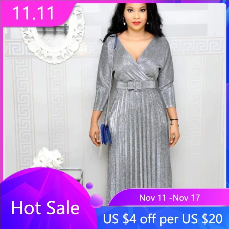 

Fashion Elegant Long Sleeve V Neck High Waist Corset Party Cocktail Graduation Pleated Dress Women Sexy Sequins Evening Dress