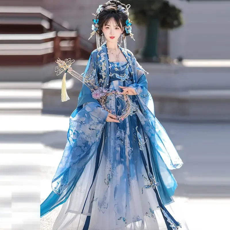

Summer Hanfu female blue Chinese style costume embroidery retro Tang style students adult performance shooting costumes