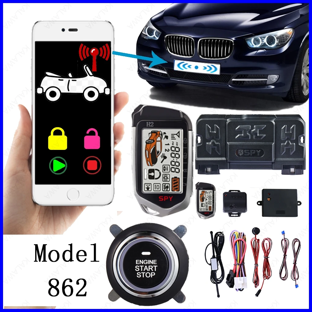 Germany Spy Bluetooth APP Two Way Car Alarm System Engine Start 2 LCD Remote 5000M Push Button Security Keyless Entry PKE 862