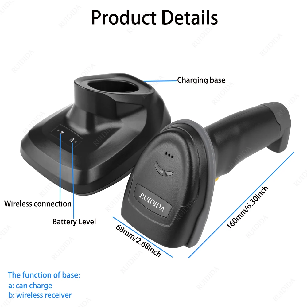 Scanner 2d Wireless with charging base qr Scanner Bluetooth Barcode Reader Code Bar Handheld Wireless Barcod PDF DM code