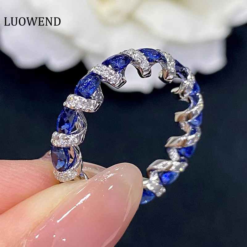 LUOWEND 18K White Gold Rings Shiny Real Natural Sapphire Fashion Silk Fabrics Element Design Party Jewelry for Women