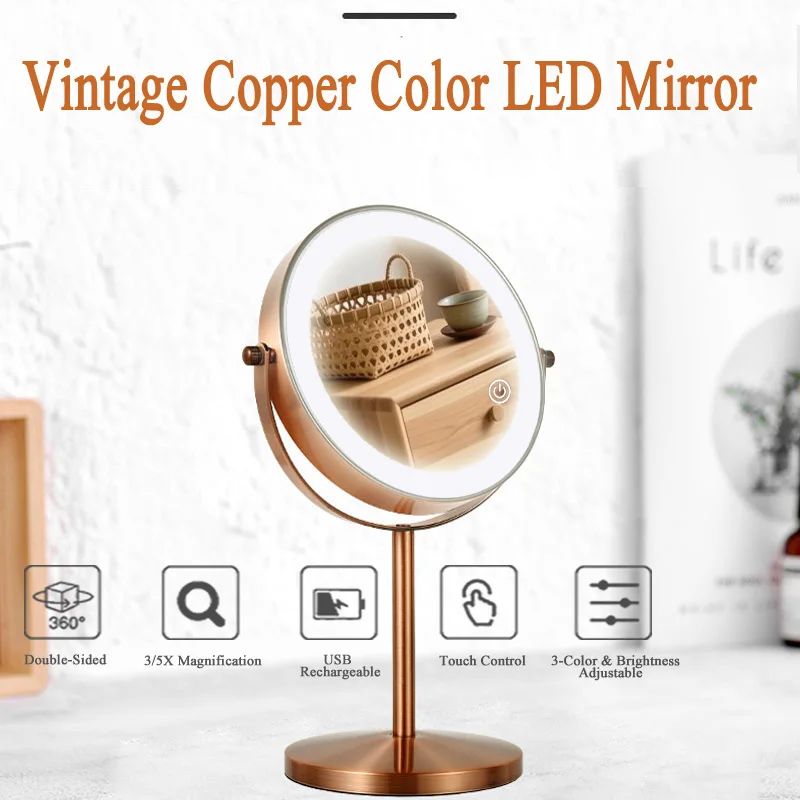 กระจกแต่งหน้า LED สองด้านสีทองแดง, กระจกแต่งหน้า 3X/5X, ใช้พลังงานจาก USB, ควบคุมด้วยระบบสัมผัส แสง 3 สีและความสว่าง 1