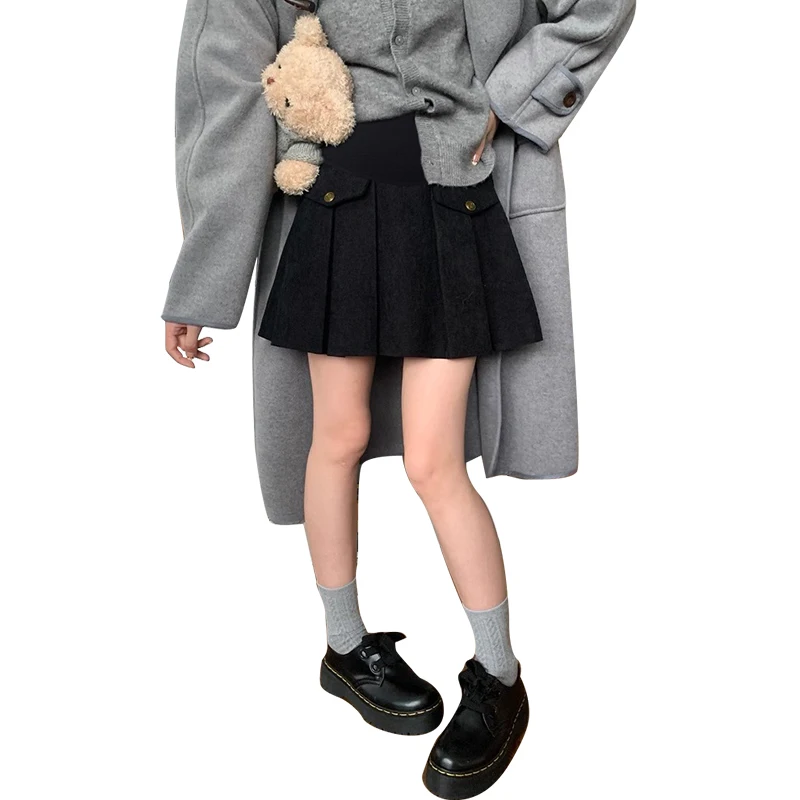 Autumn Winter Maternity Woolen Skirts with Golden Buttons High Waist Pregnant Woman Pleated Skirts Sexy Mini Skirt Black Brown