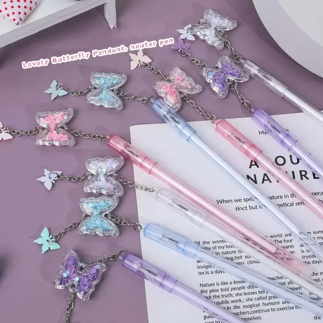 10Pcs/Lot Kawaii Butterfly Pendant Gel Pen 0.5mm Black Ink Smooth Writing Cute Sequin Neutral Pens Kids School Office Stationery 3