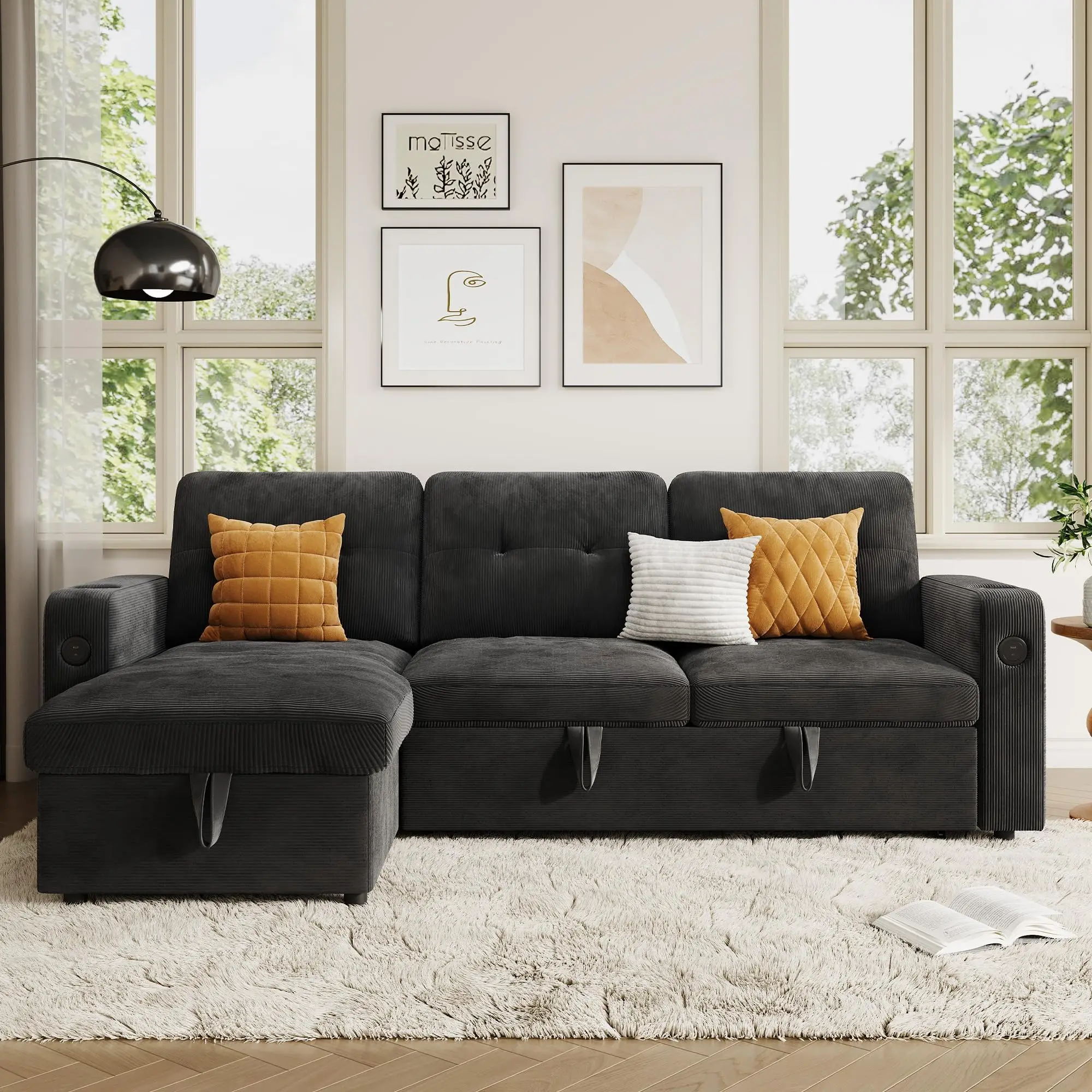84" L Shaped Corduroy Sleeper Sofa Sectional Storage USB-C Charging RGB LED Cup Holder Reversible Chaise Small Space Living Room