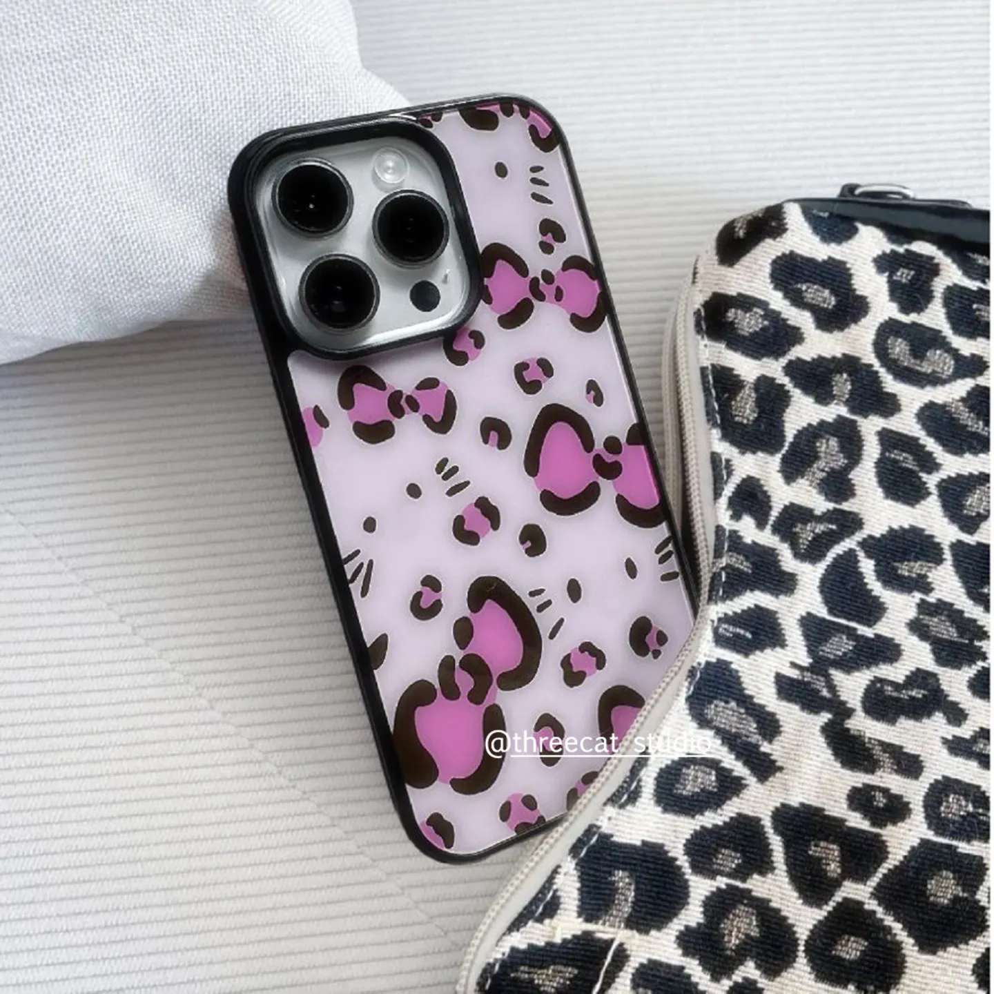 Pink Leopard Print Bow Cat Face Phone Case - Shockproof Silicone Back Cover
