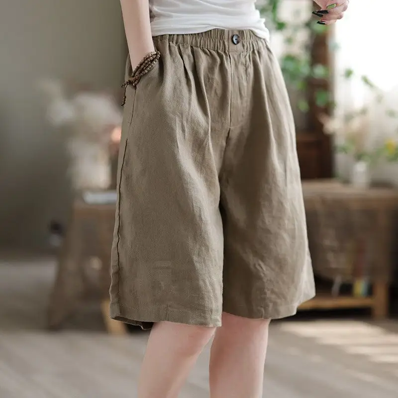 

Cotton Linen Shorts Women Solid Straight Half Pants Female High Waist LeisureElastic Short Trousers Lady Harem Pantalones Cortos