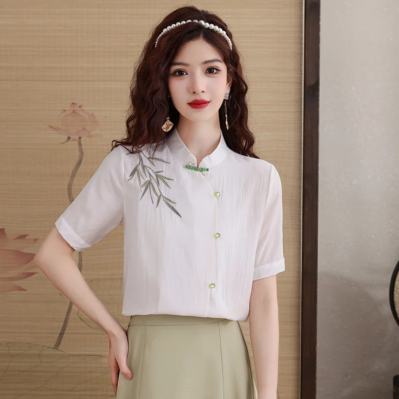 

Роскошная женская белая блузка с коротким рукавом, повседневный женский топ в китайском стиле с воротником-стойкой, элегантные женские летние шикарные рубашки, модные Mq44