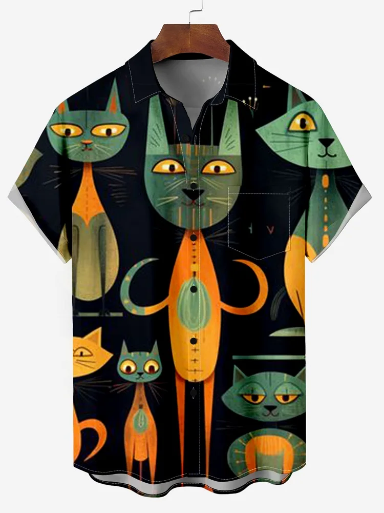 Cute Cat 2025 Hawaiian For Men Women Shirt Print Abstract Pattern Short Sleeve Loose Oversized Men's Summer Beach Casual Top 4