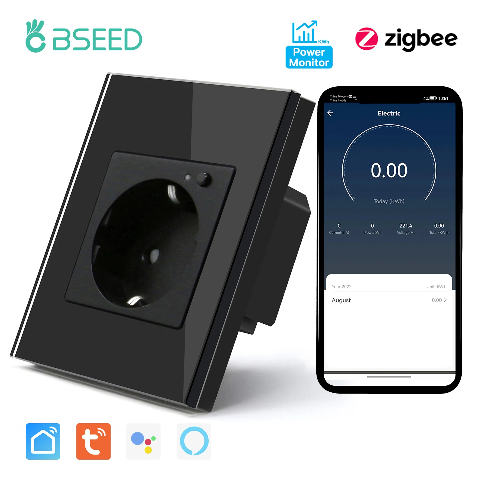 BSEED ZigBee Energy Monitor Wall Sockets Single Smart Meter Socket