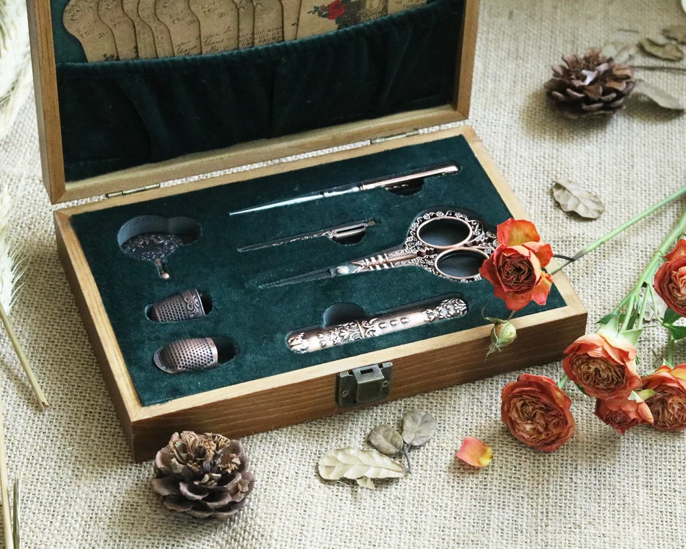 빈티지 나무 상자 자수 가위 키트, DIY 공예 용품 도구, 골동품 재봉 키트, 바느질 공예용 완벽한 재봉 도구