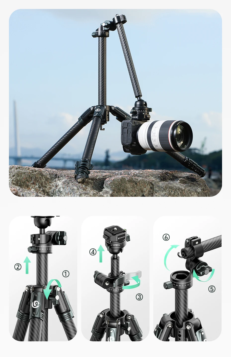 GlideGo Travel Tripod Carbon Fiber Tripod with Dual-Section Center Column for Lo