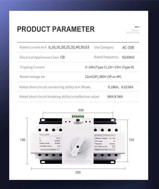 Interrupteur De Transfert Automatique Double Alimentation (ATS) Triphasé 4P 125A - Pour Onduleur, Solaire, Groupe Électrogène