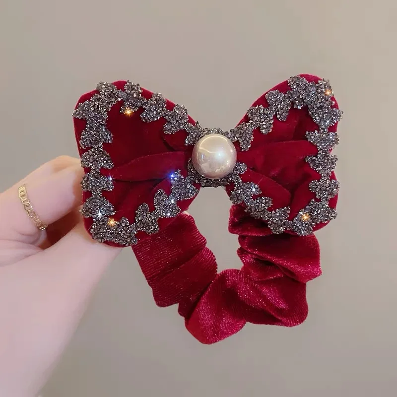 1pc Velvet Rhinestone Bow Scrunchie New Vintage Elastic Hair Bands Ponytail Holder Rubber Band Women Hair Rope Hair Accessories